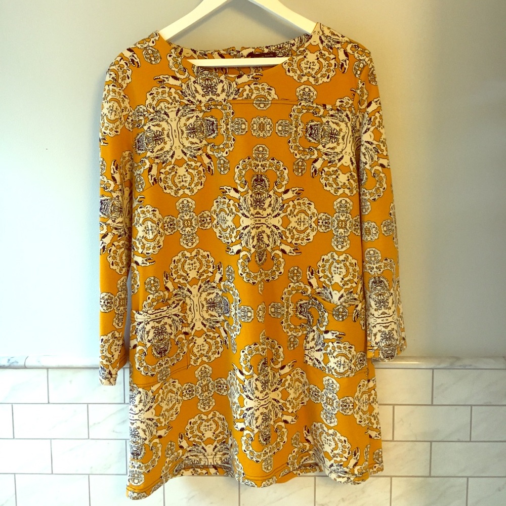 Retro inspired mustard patterned shift dress